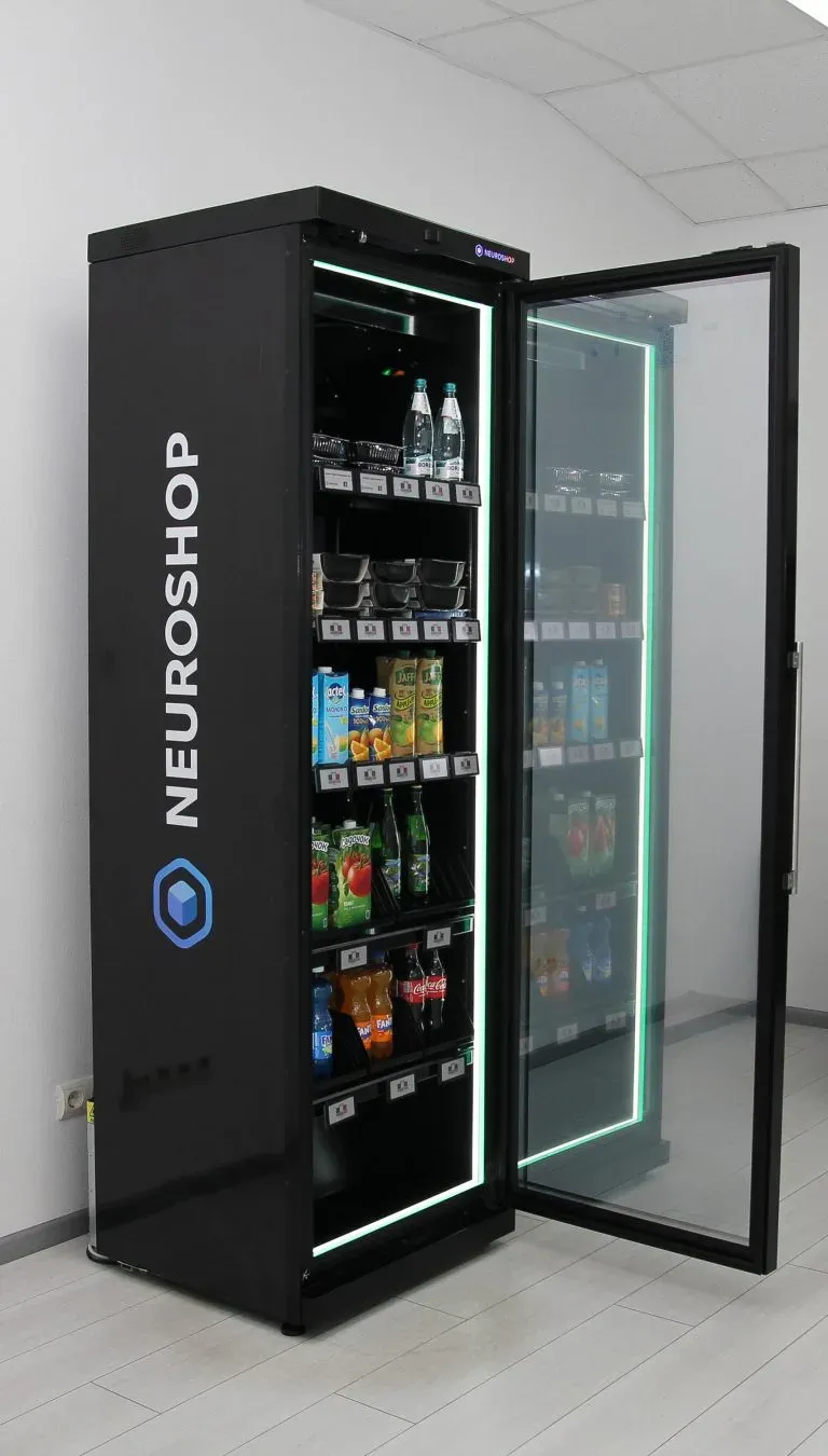Открытый шкаф Neuroshop с подсветкой, на полках бутилированная вода, готовые салаты и соки, на кромках полок электронные ценники