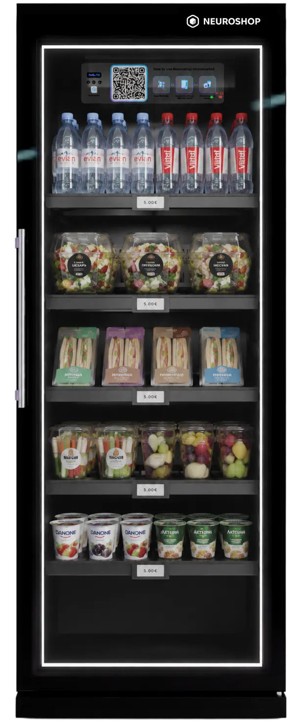 Neuroshop glass-door cooler with food assortment