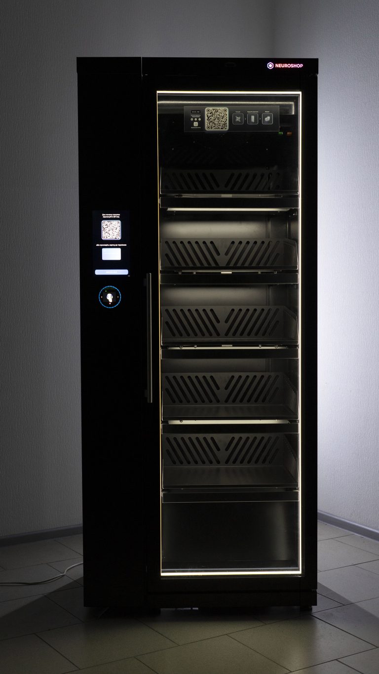 Black cabinet with a glass door and empty shelves, a screen with a QR code on the front panel