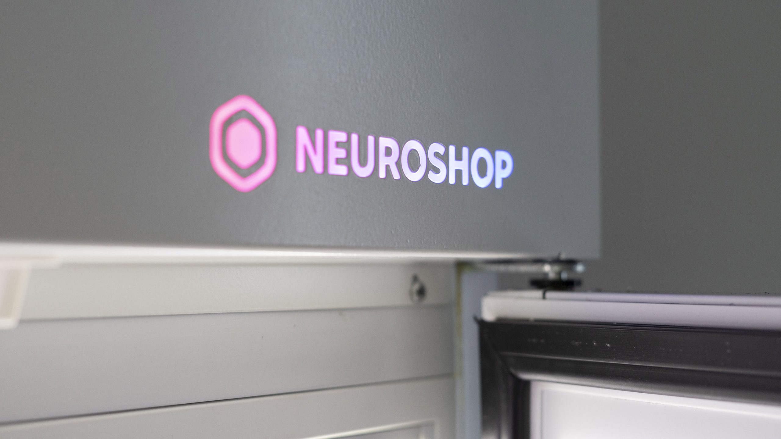 Lit Neuroshop logo on the top panel of a cabinet with a solid door